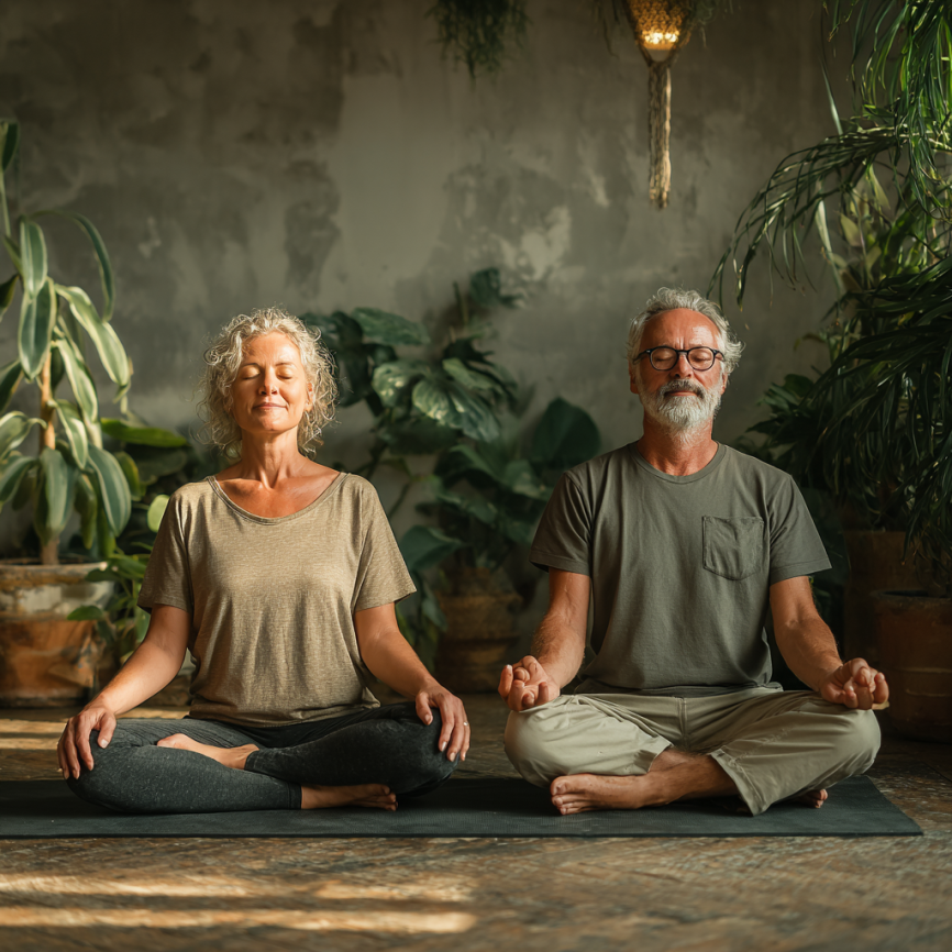 Възрастни хора практикуват йога