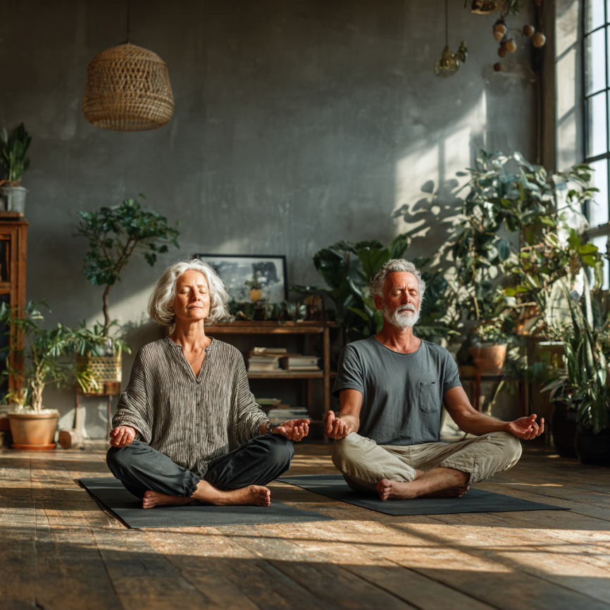 Група възрастни хора на йога занятие